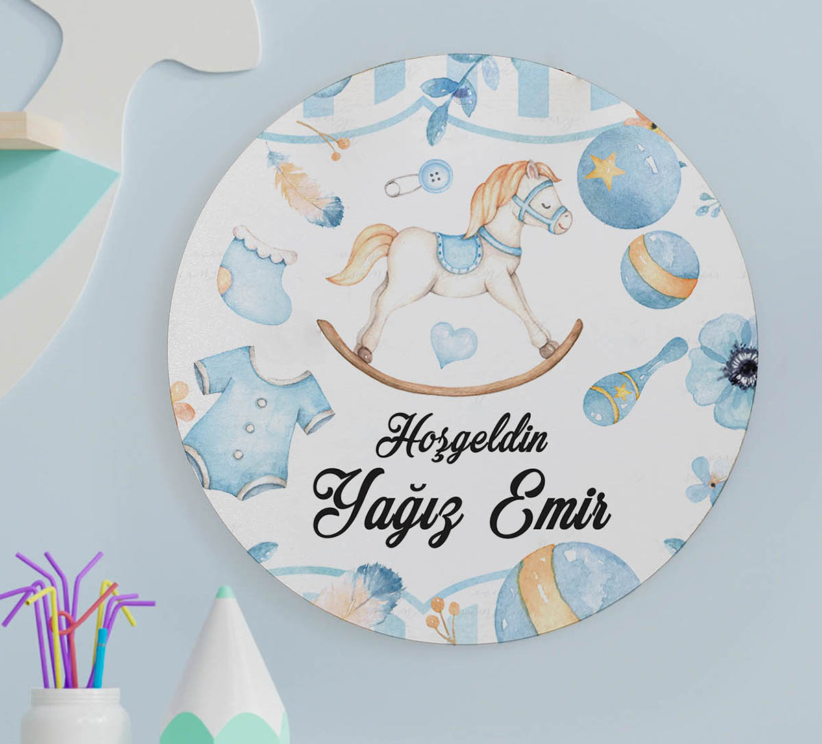 Erkek Bebek Hediye Seti - Çikolata, Magnet, Kapı Süsü - Sallanan At