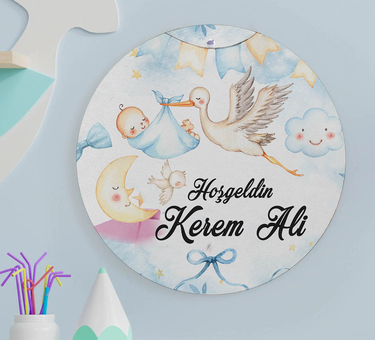 Erkek Bebek Hediye Seti - Çikolata, Magnet, Kapı Süsü - Leylek