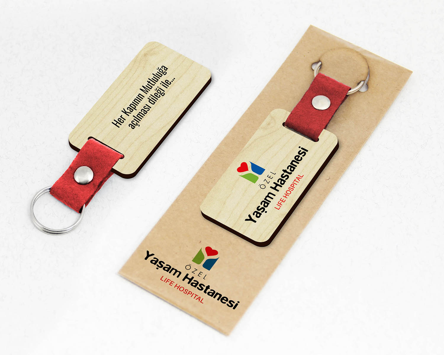 Kurumsal, Keçe Saplı Paketli Promosyon Ahşap Anahtarlık