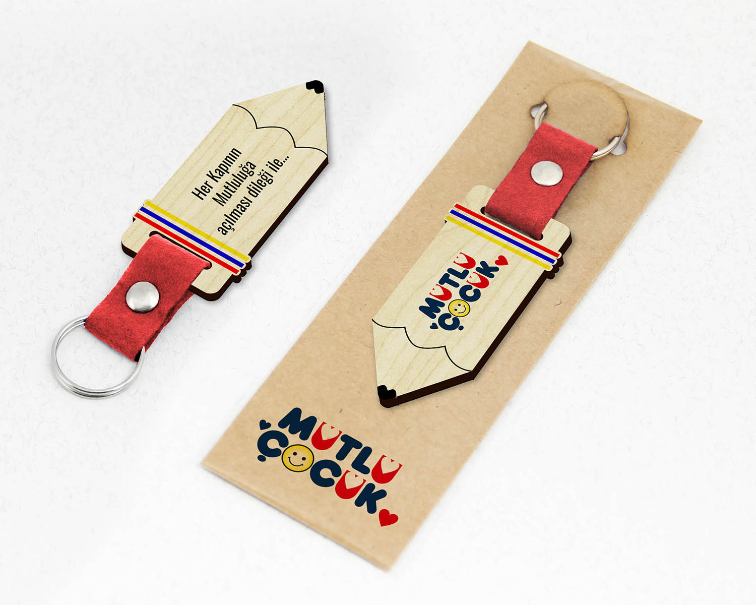 Kurumsal, Kalem Şekilli Keçe Saplı Paketli Promosyon Ahşap Anahtarlık