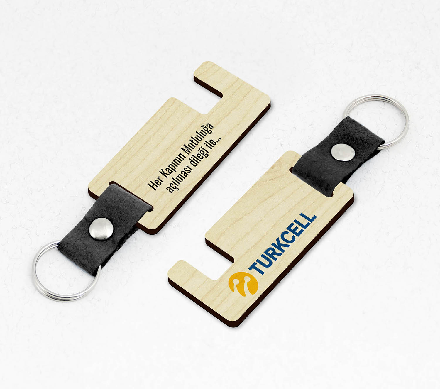 Kurumsal, Telefon Standlı Keçe Saplı Paketli Promosyon Ahşap Anahtarlık