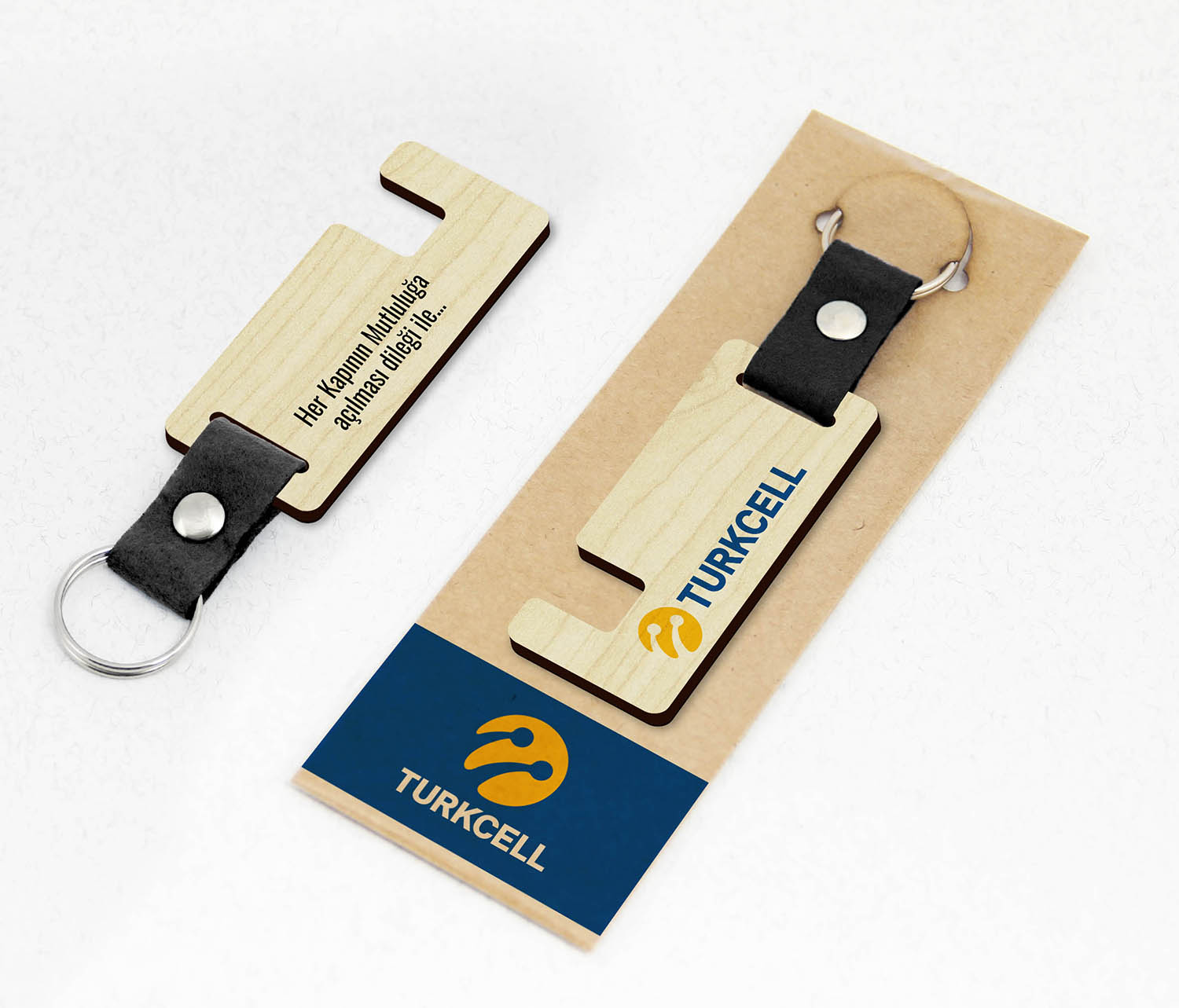 Kurumsal, Telefon Standlı Keçe Saplı Paketli Promosyon Ahşap Anahtarlık