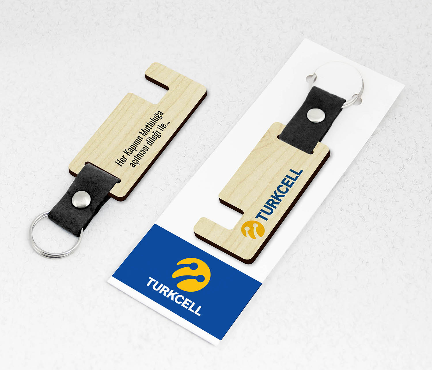 Kurumsal, Telefon Standlı Keçe Saplı Paketli Promosyon Ahşap Anahtarlık