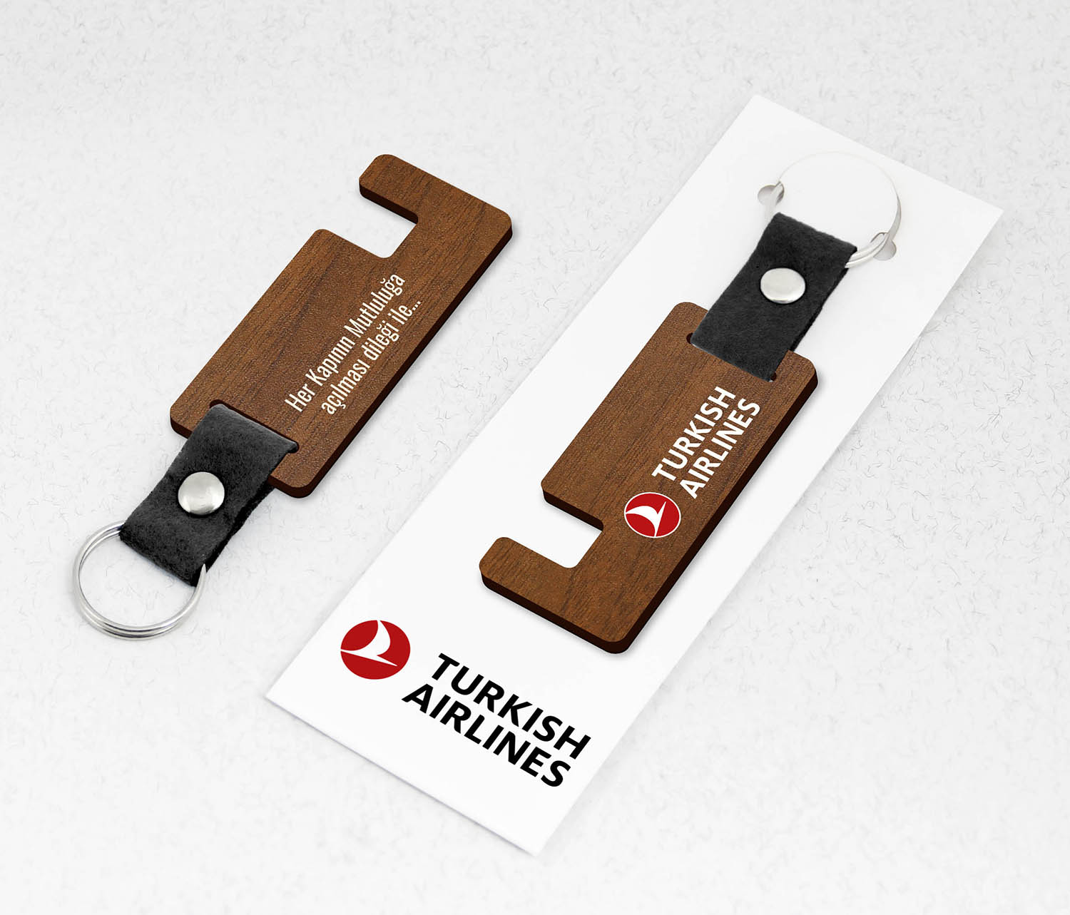 Kurumsal, Telefon Standlı Keçe Saplı Paketli Promosyon Ahşap Anahtarlık