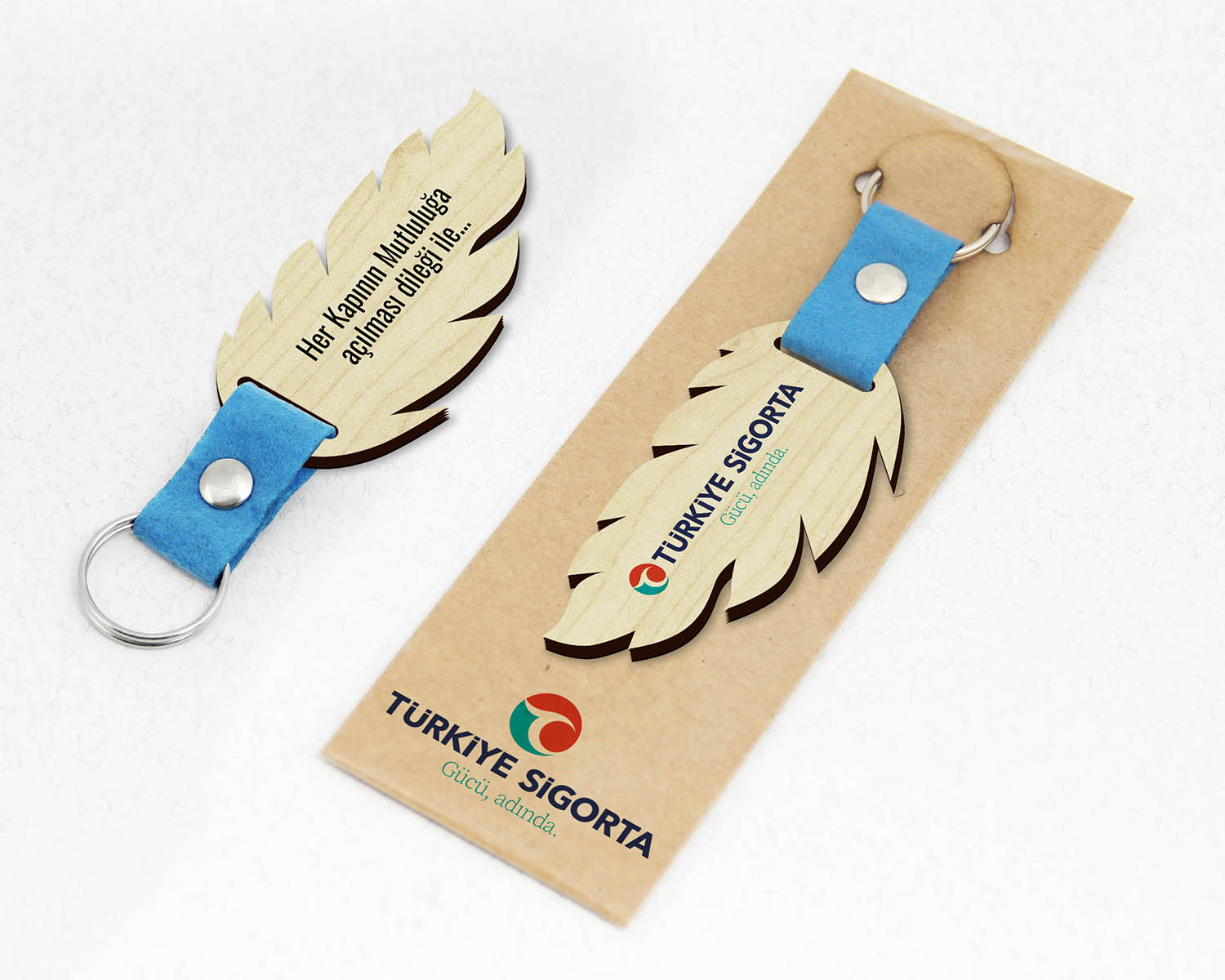 Kurumsal, Tüy Şekilli Keçe Saplı Paketli Promosyon Ahşap Anahtarlık