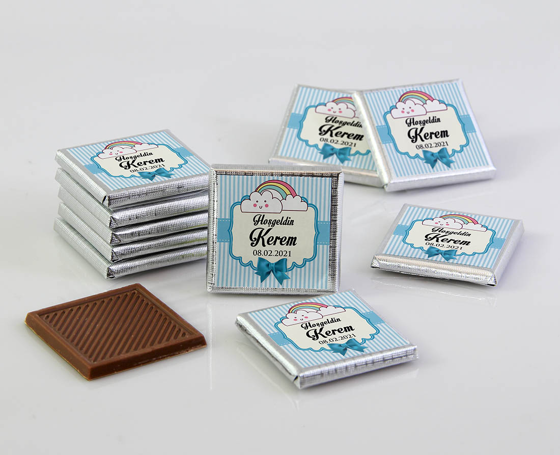 Ahşap Kutulu Erkek Bebek Çikolatası - Gökkuşağı, Bulut