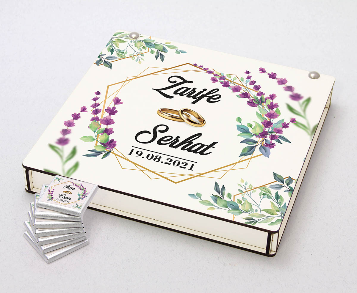 Ahşap Kutulu, UV Baskılı Söz, Nişan Çikolatası - Kristal, Lavanta