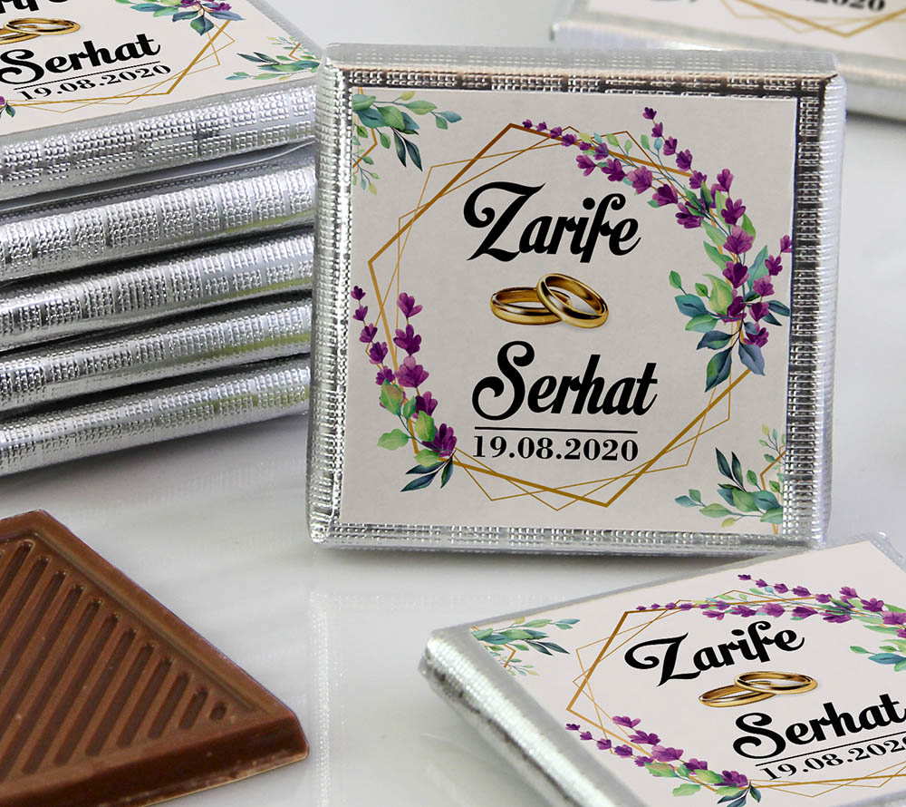 Ahşap Kutulu, UV Baskılı Söz, Nişan Çikolatası - Kristal, Lavanta