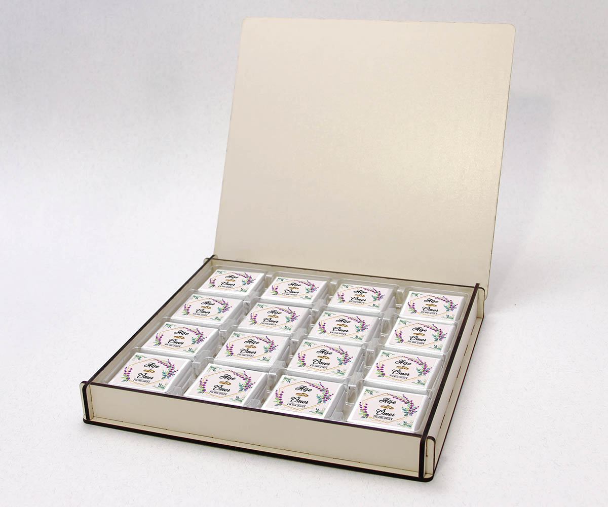 Ahşap Kutulu, UV Baskılı Söz, Nişan Çikolatası - Kristal, Lavanta