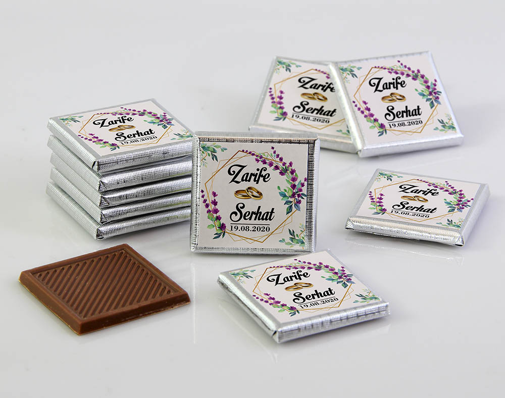 Ahşap Kutulu, UV Baskılı Söz, Nişan Çikolatası - Kristal, Lavanta