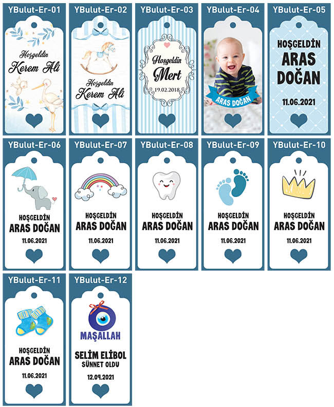 Yarım Bulut Karton Etiket - 35 adet - Erkek Bebek