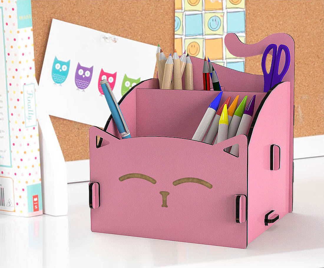 Sevimli Kedi Ahşap Masaüstü Kalemlik Organizer