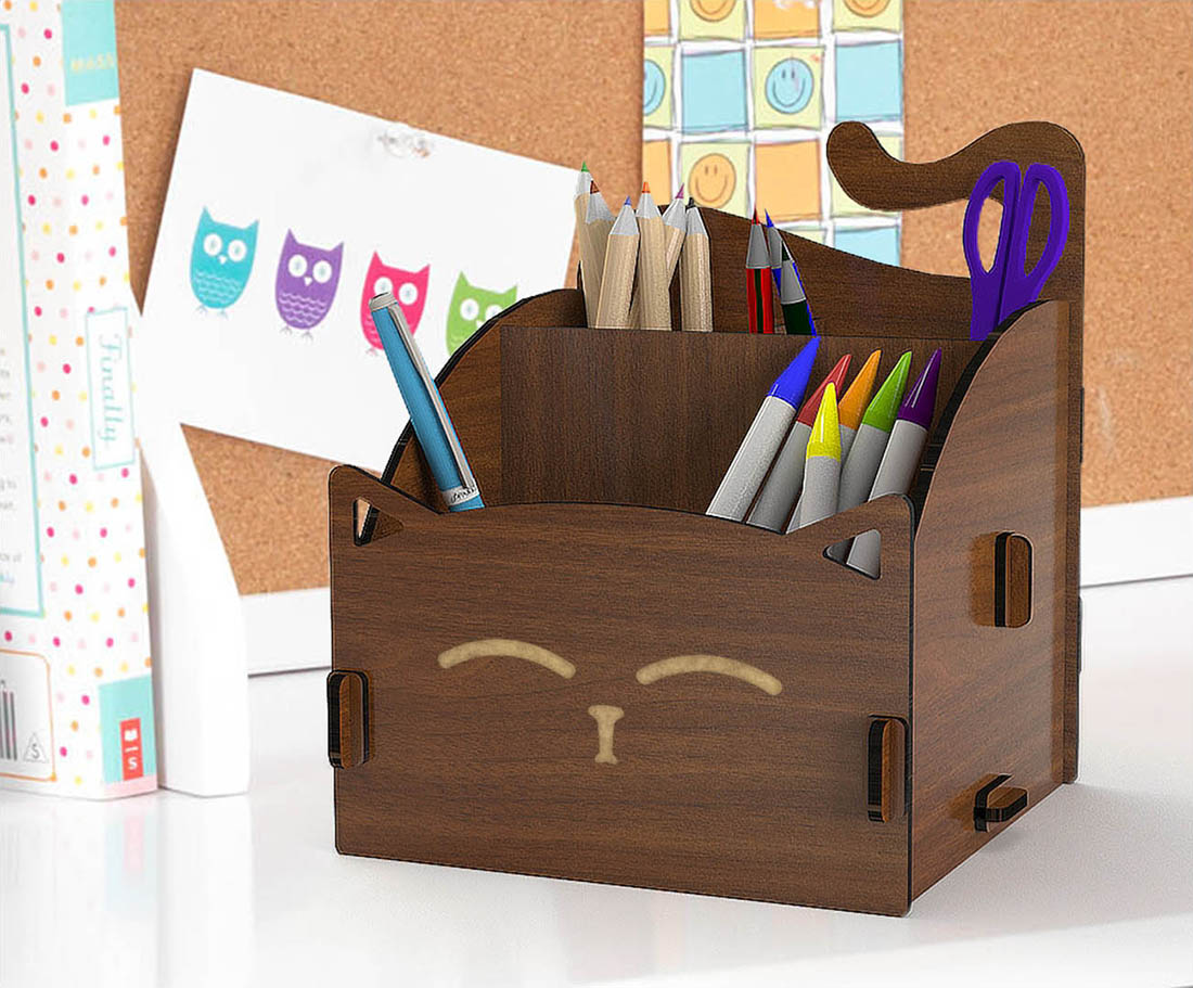 Sevimli Kedi Ahşap Masaüstü Kalemlik Organizer