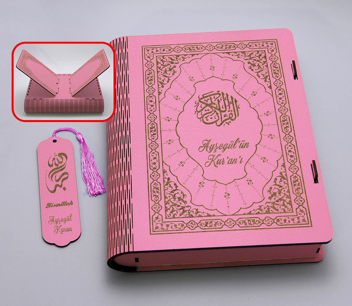 Kişiye Özel Ahşap Rahleli Kuran Kutusu, Pembe