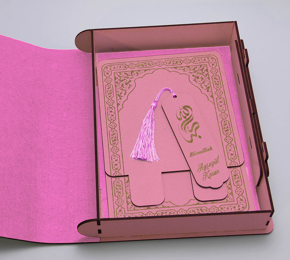 Kişiye Özel Ahşap Rahleli Kuran Kutusu, Pembe