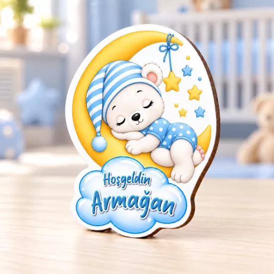 İsimli Ay ve Ayıcık Bebek Magneti 5×7 cm | Mevlid Hediyesi