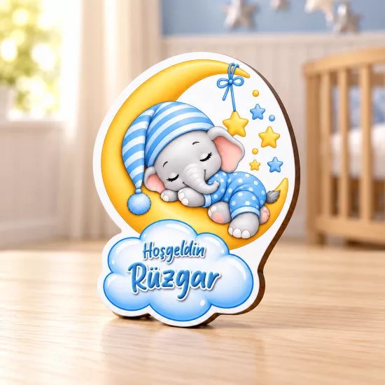 İsimli Ay ve Fil Bebek Magneti 5×7 cm | Mevlid Hediyesi