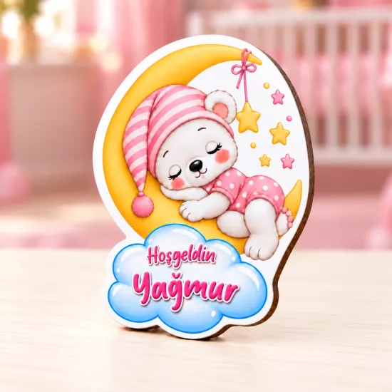 İsimli Ay ve Ayıcık Bebek Magneti 5×7 cm | Mevlid Hediyesi