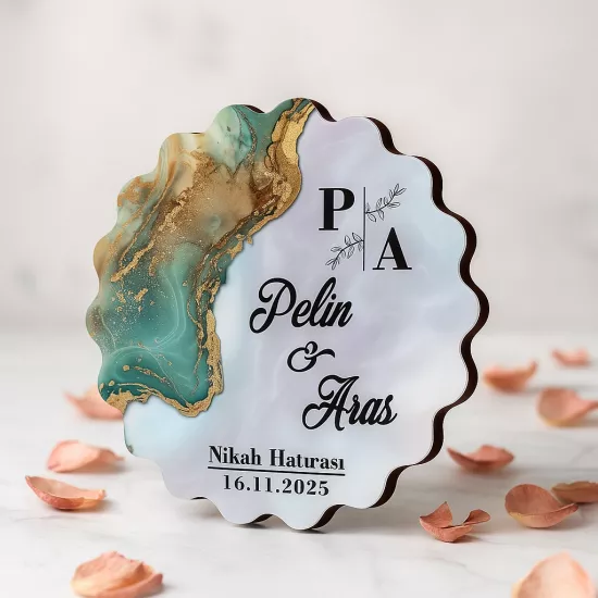 Epoksi-Mermer Ahşap Papatya Magnet Zümrüt Yeşil – İsim/Tarih UV Baskılı | Mevlid Hediyesi