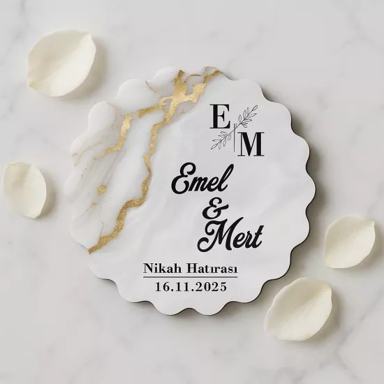 Epoksi-Mermer Ahşap Papatya Magnet Beyaz – İsim/Tarih UV Baskılı Nikah Hediyeliği | Mevlid Hediyesi