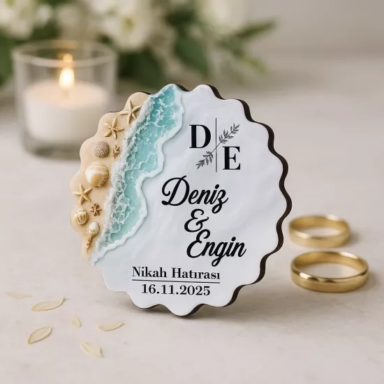 Epoksi-Deniz Dalgası Ahşap Papatya Magnet – İsim/Tarih UV Baskılı Nikah Hediyeliği | Mevlid Hediyesi