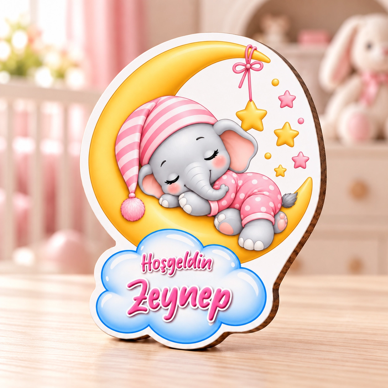 Kişiye Özel Ay ve Fil Temalı Ahşap Kız Bebek Magneti