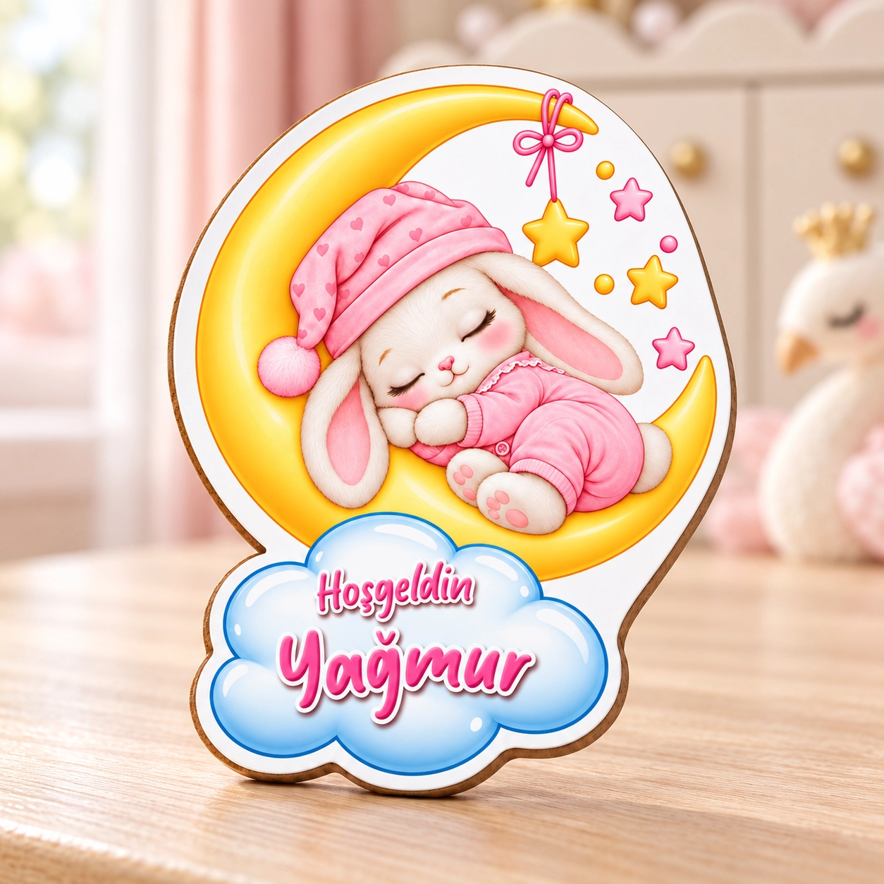 Kişiye Özel Ay ve Tavşan Temalı Ahşap Kız Bebek Magneti