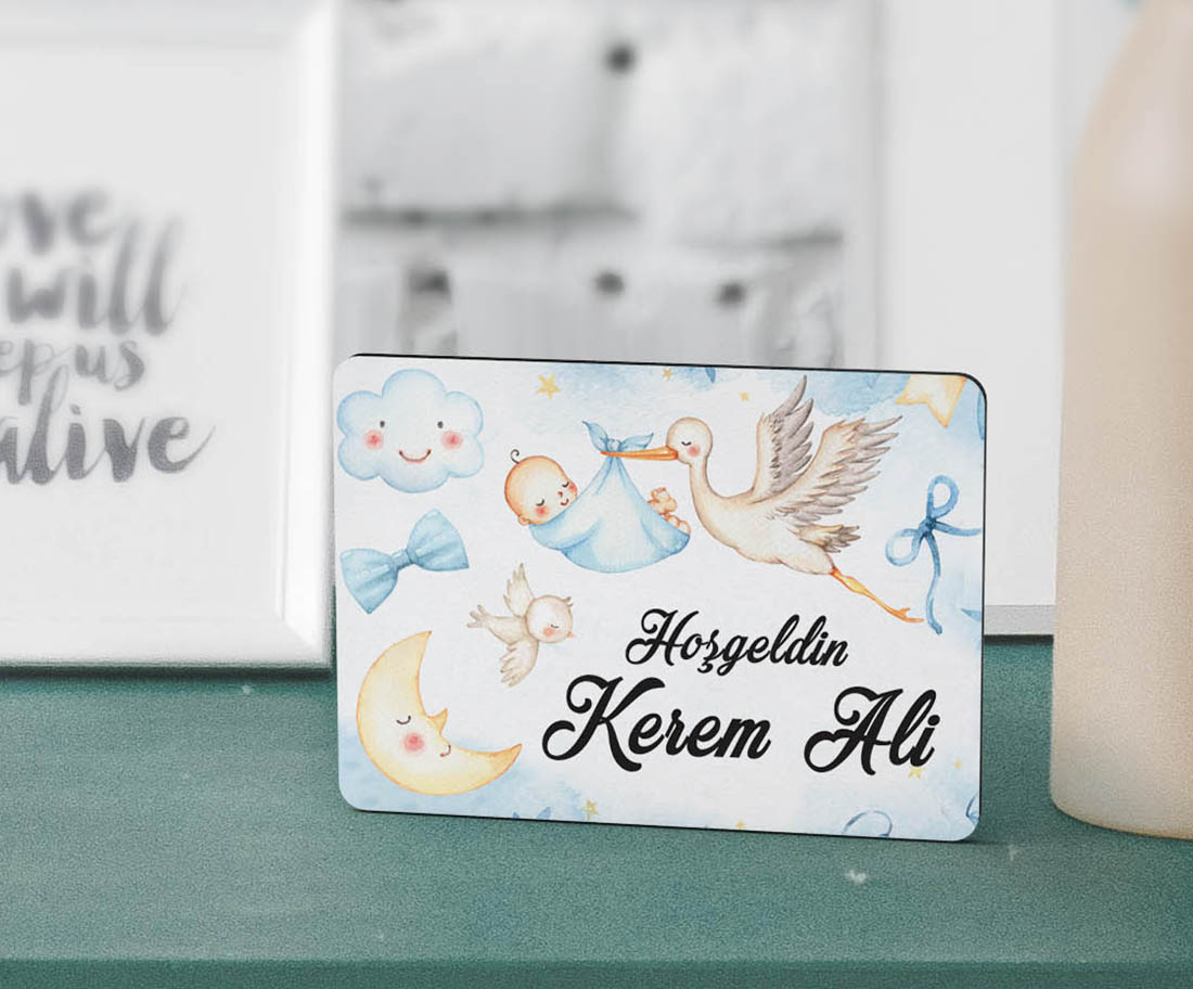 UV Baskılı Ahşap Erkek Bebek Magnet - Leylek