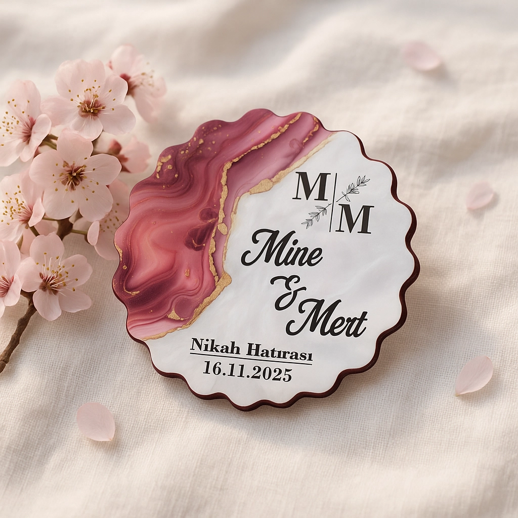 Epoksi-Mermer Görünümlü Ahşap Magnet - Fuşya - Kişiye Özel Nikah & Düğün Hediyeliği