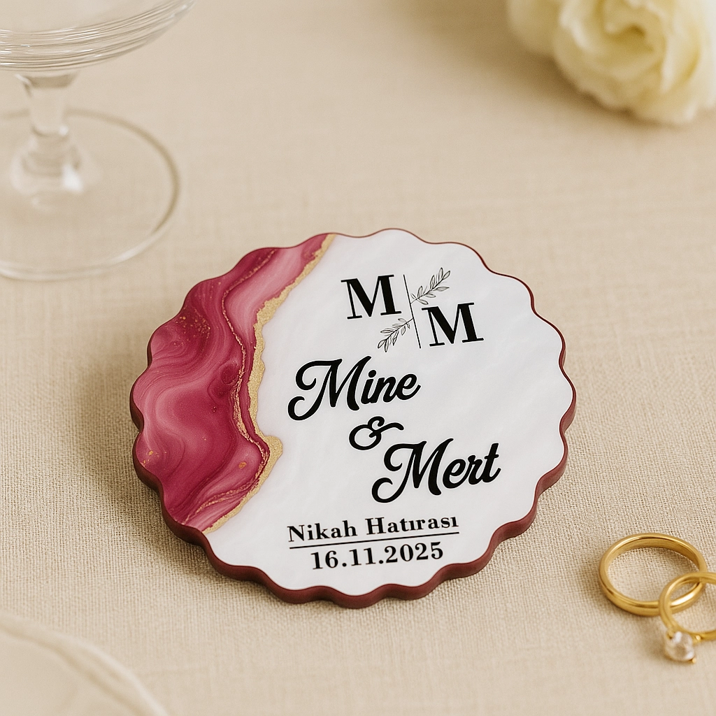 Epoksi-Mermer Görünümlü Ahşap Magnet - Fuşya - Kişiye Özel Nikah & Düğün Hediyeliği