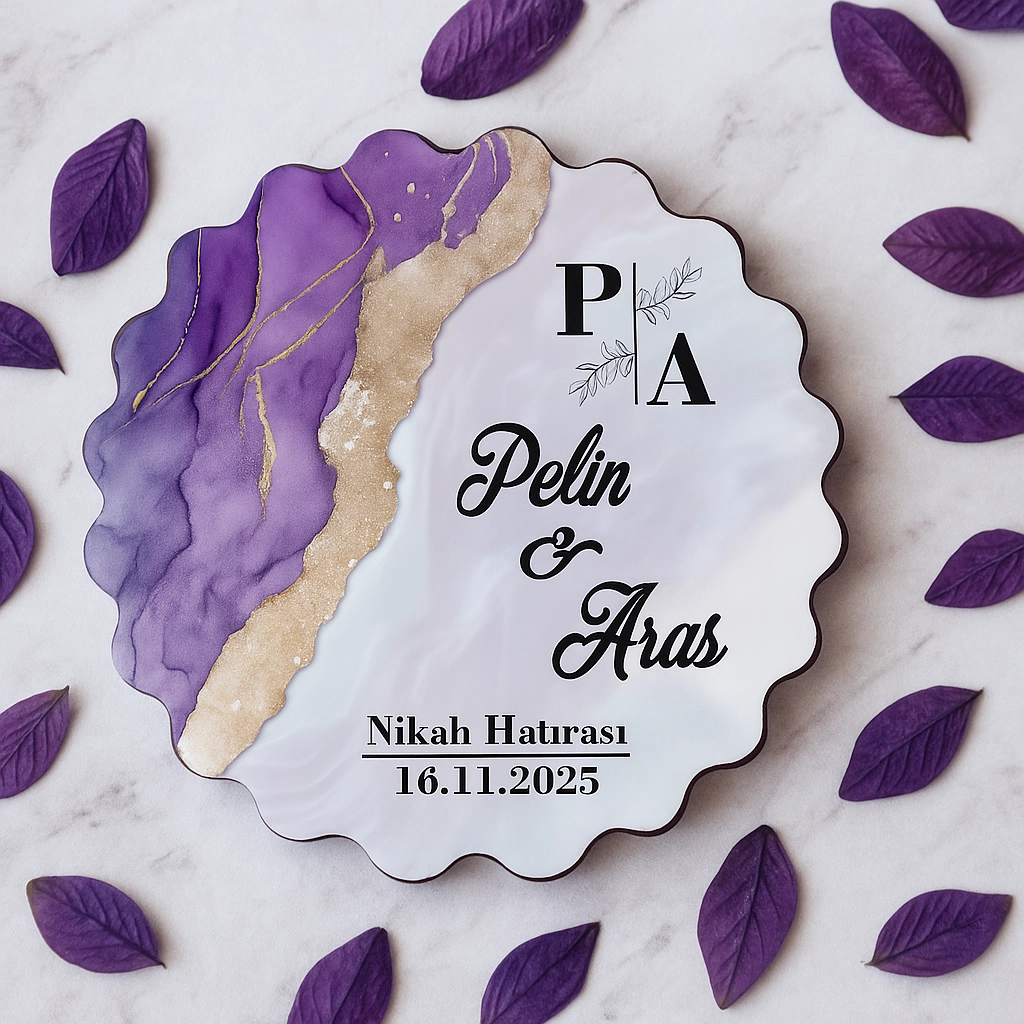 Epoksi-Mermer Görünümlü Ahşap Magnet - Lila - Kişiye Özel Nikah & Düğün Hediyeliği