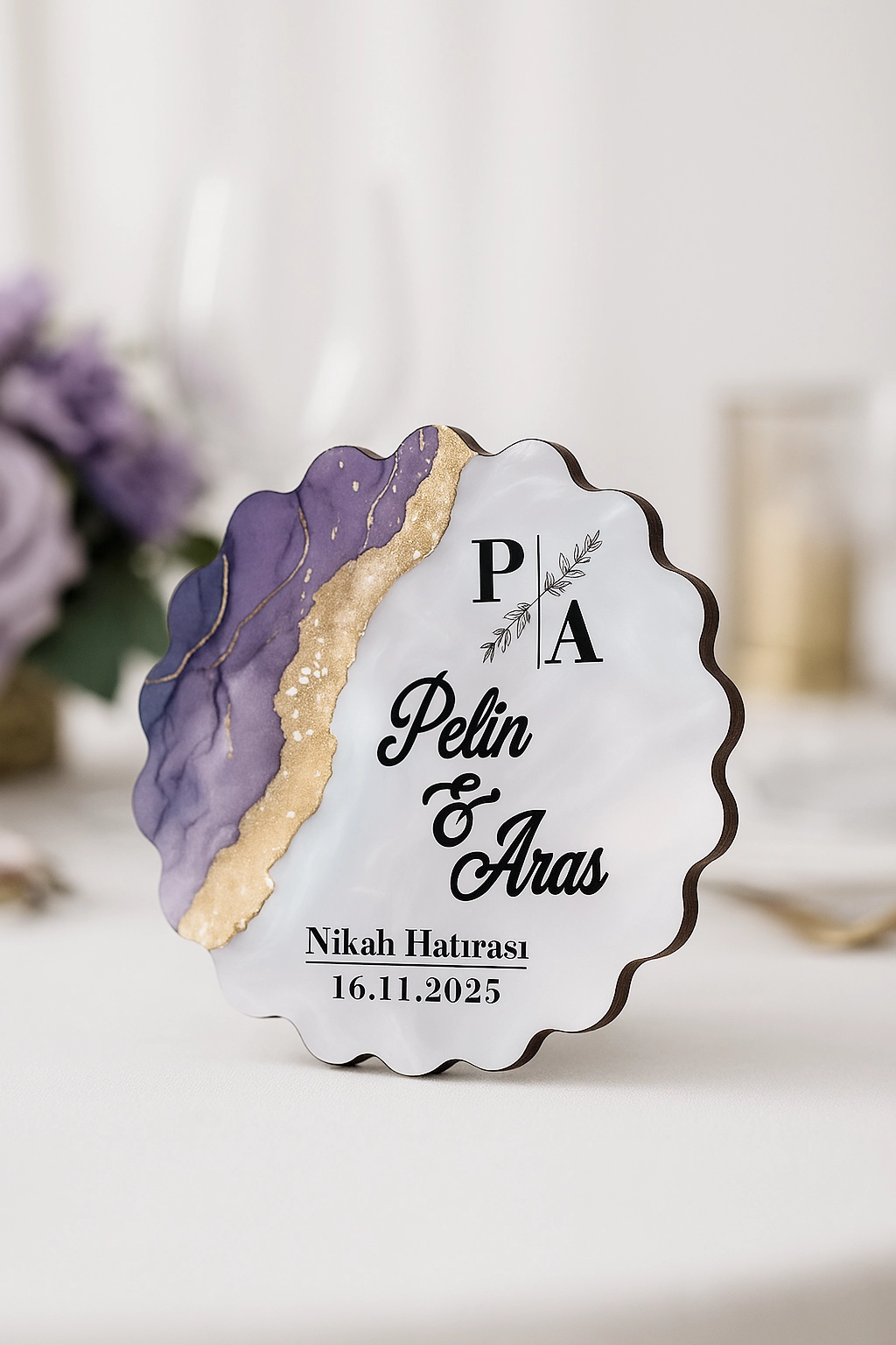 Epoksi-Mermer Görünümlü Ahşap Magnet - Lila - Kişiye Özel Nikah & Düğün Hediyeliği