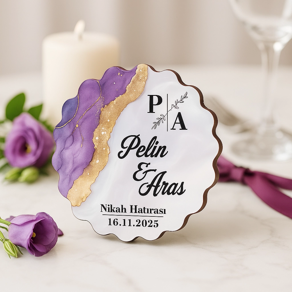 Epoksi-Mermer Görünümlü Ahşap Magnet - Lila - Kişiye Özel Nikah & Düğün Hediyeliği