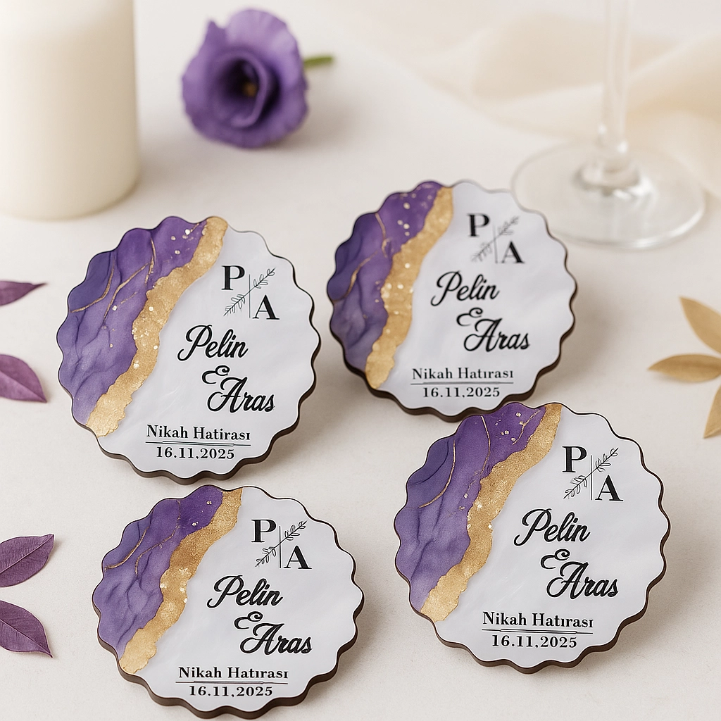 Epoksi-Mermer Görünümlü Ahşap Magnet - Lila - Kişiye Özel Nikah & Düğün Hediyeliği