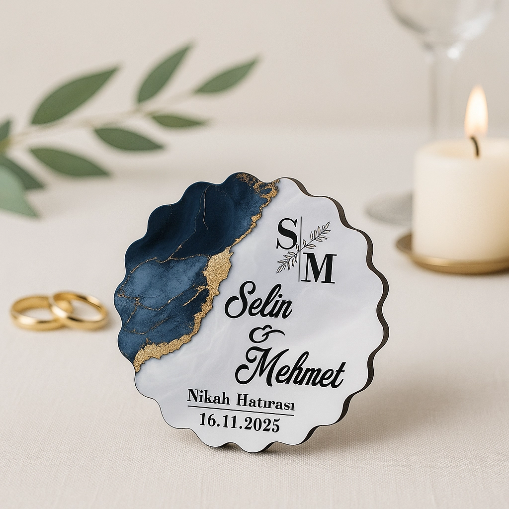 Epoksi-Mermer Görünümlü Ahşap Magnet - Lacivert - Kişiye Özel Nikah & Düğün Hediyeliği
