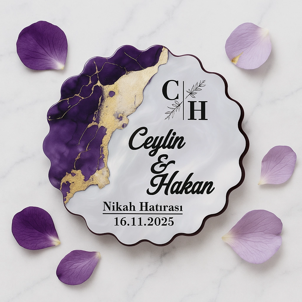 Epoksi-Mermer Görünümlü Ahşap Magnet - Mor - Kişiye Özel Nikah & Düğün Hediyeliği