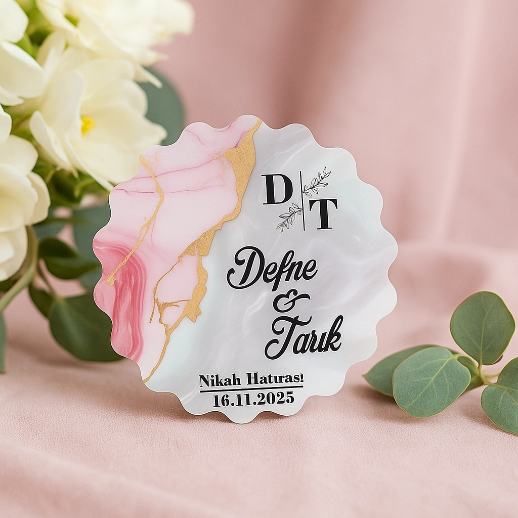 Epoksi-Mermer Görünümlü Ahşap Magnet - Pembe - Kişiye Özel Nikah & Düğün Hediyeliği