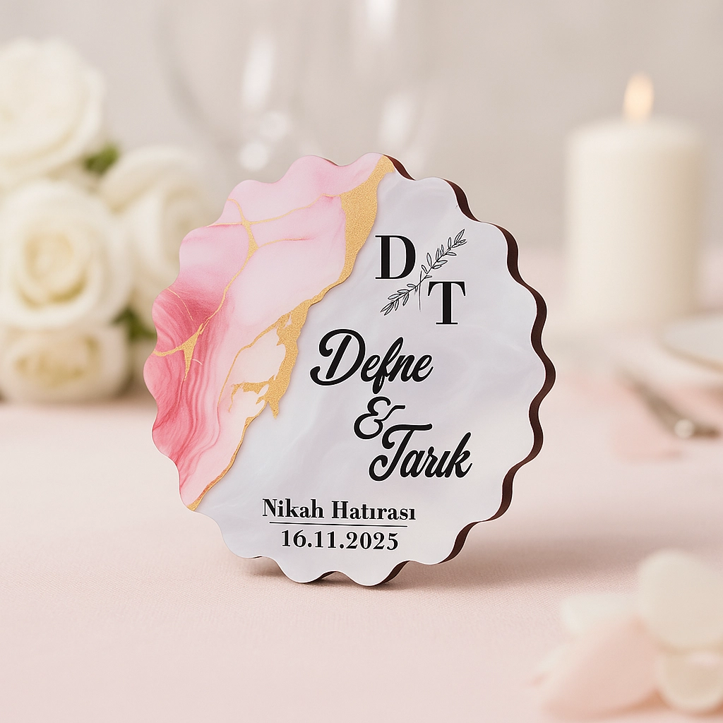 Epoksi-Mermer Görünümlü Ahşap Magnet - Pembe - Kişiye Özel Nikah & Düğün Hediyeliği