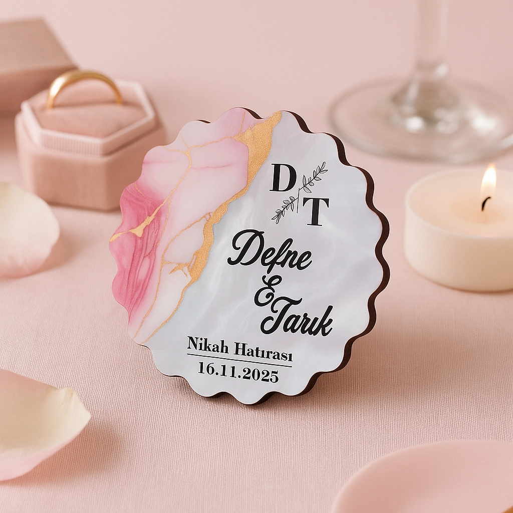Epoksi-Mermer Görünümlü Ahşap Magnet - Pembe - Kişiye Özel Nikah & Düğün Hediyeliği