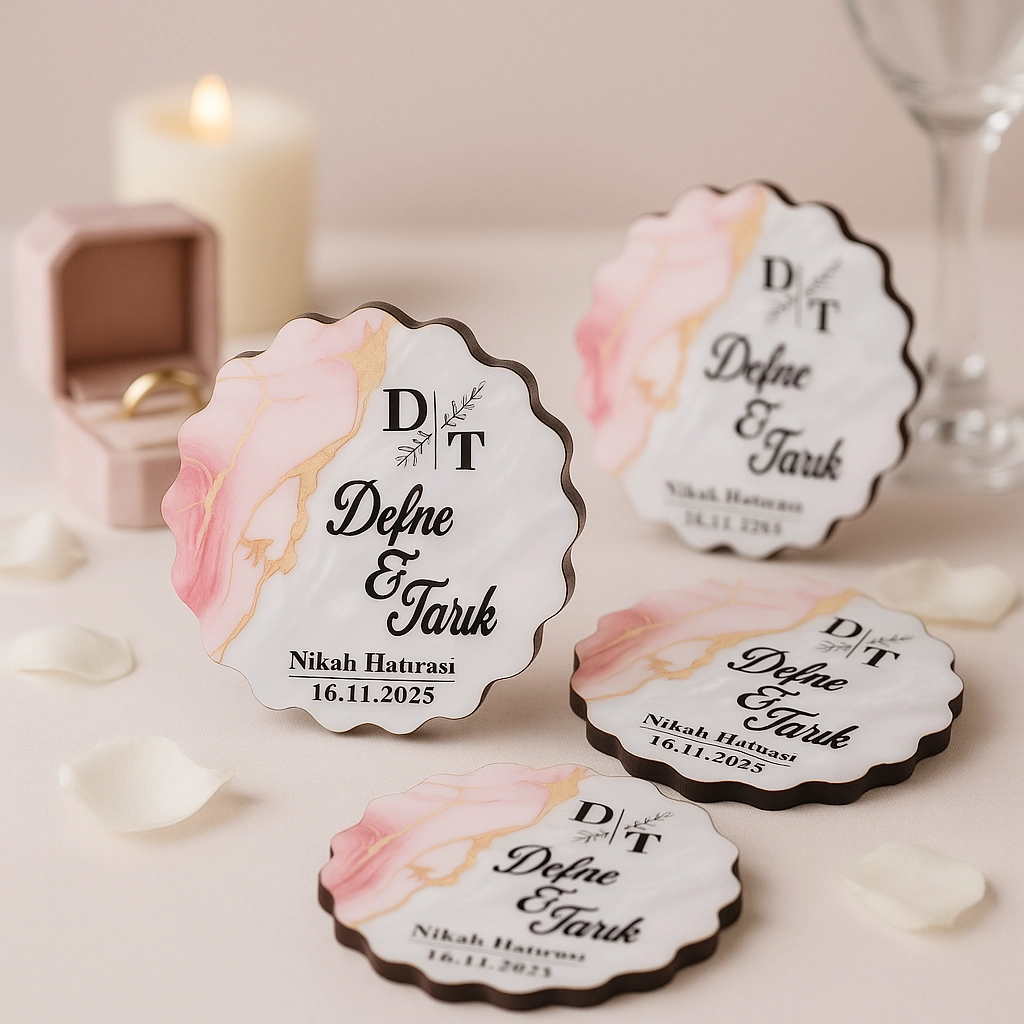 Epoksi-Mermer Görünümlü Ahşap Magnet - Pembe - Kişiye Özel Nikah & Düğün Hediyeliği