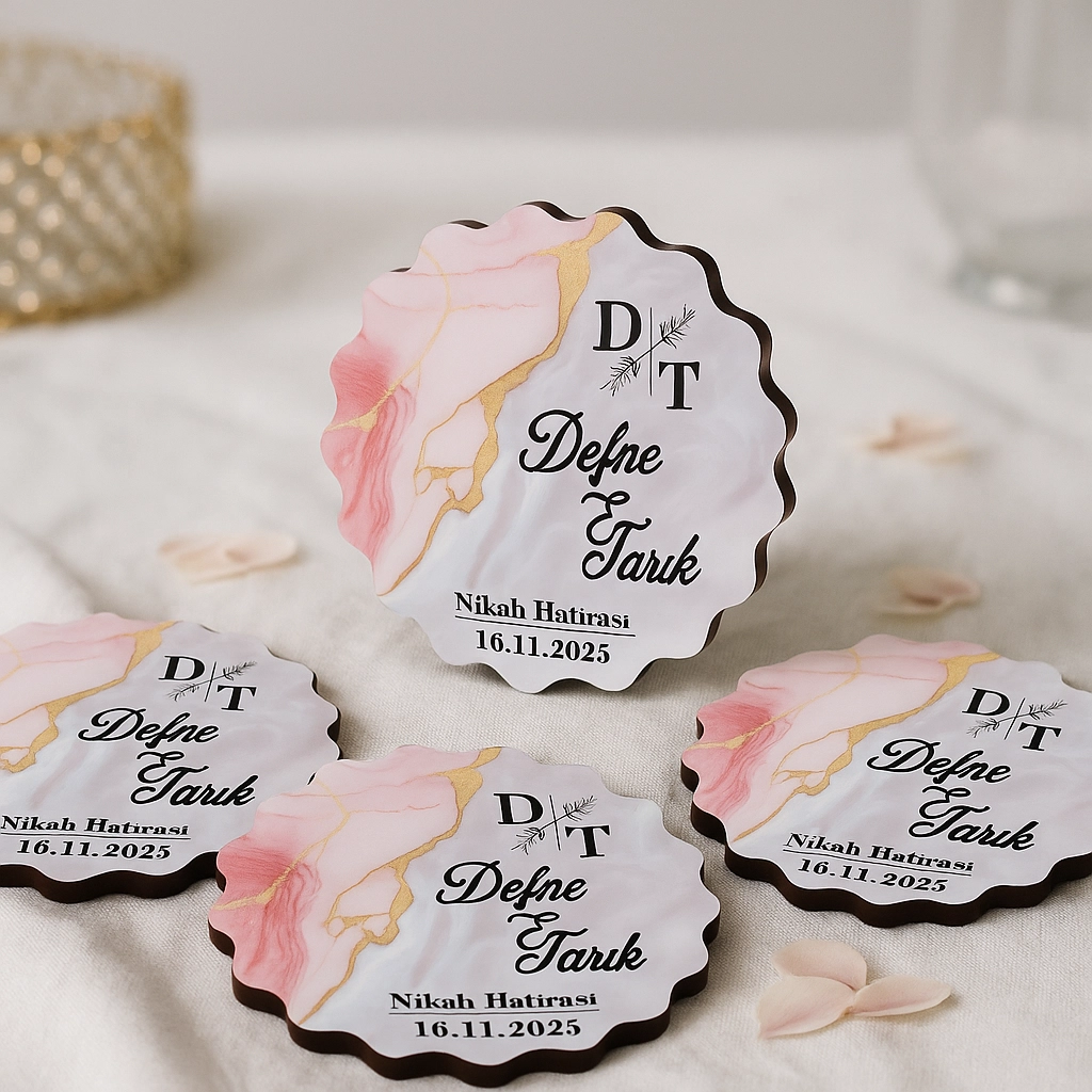 Epoksi-Mermer Görünümlü Ahşap Magnet - Pembe - Kişiye Özel Nikah & Düğün Hediyeliği