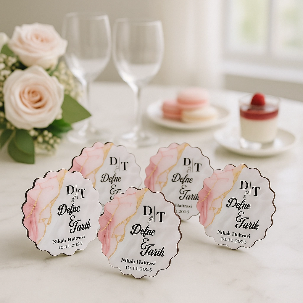 Epoksi-Mermer Görünümlü Ahşap Magnet - Pembe - Kişiye Özel Nikah & Düğün Hediyeliği