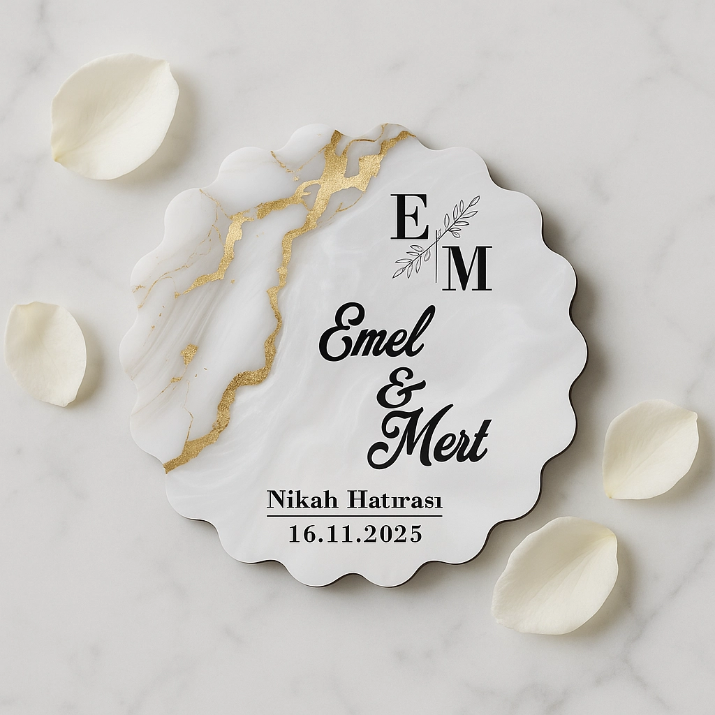 Epoksi-Mermer Görünümlü Ahşap Magnet - Krem, Doğal - Kişiye Özel Nikah & Düğün Hediyeliği