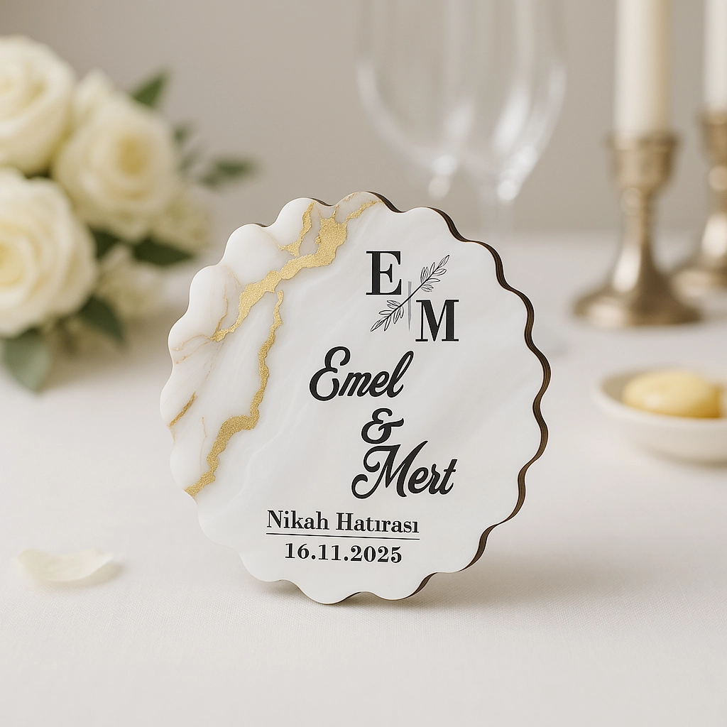 Epoksi-Mermer Görünümlü Ahşap Magnet - Krem, Doğal - Kişiye Özel Nikah & Düğün Hediyeliği