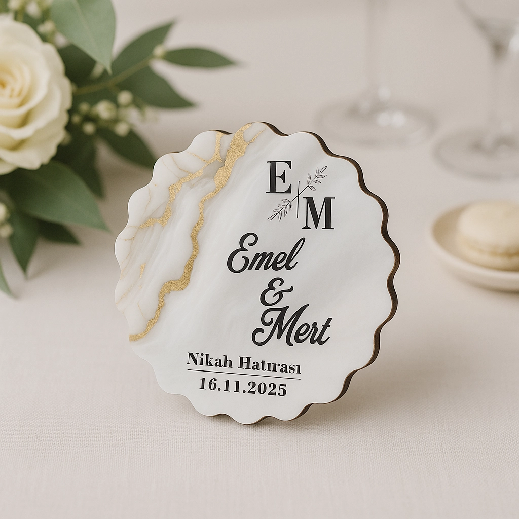 Epoksi-Mermer Görünümlü Ahşap Magnet - Krem, Doğal - Kişiye Özel Nikah & Düğün Hediyeliği