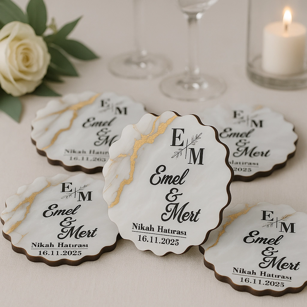 Epoksi-Mermer Görünümlü Ahşap Magnet - Krem, Doğal - Kişiye Özel Nikah & Düğün Hediyeliği