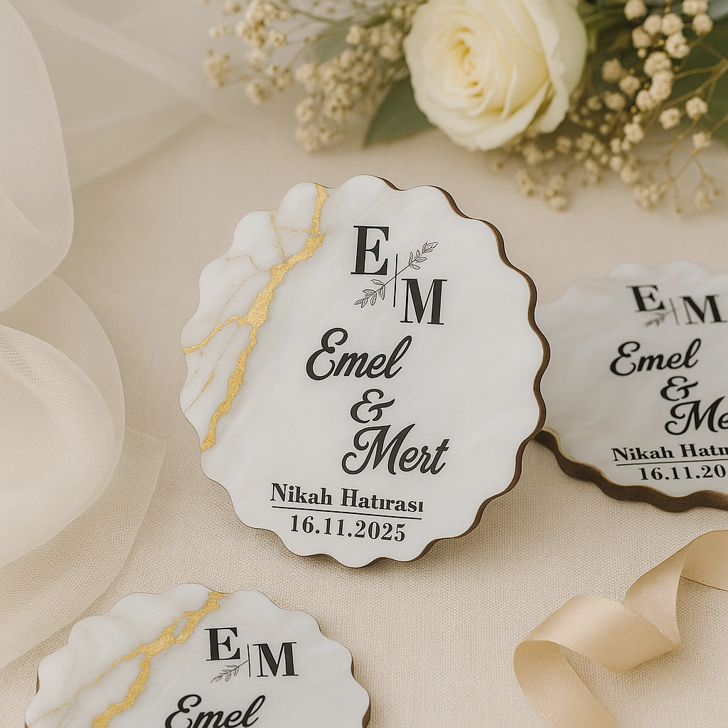 Epoksi-Mermer Görünümlü Ahşap Magnet - Krem, Doğal - Kişiye Özel Nikah & Düğün Hediyeliği