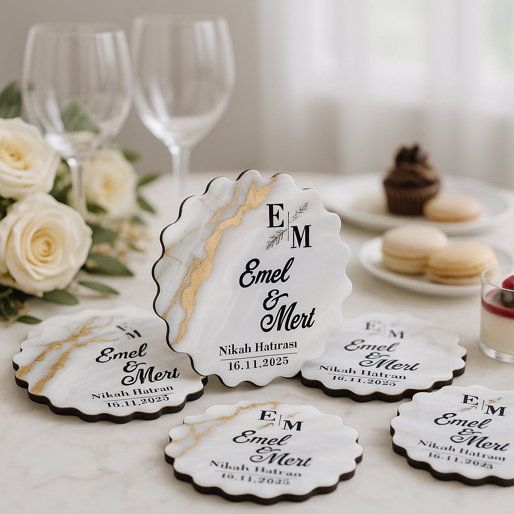 Epoksi-Mermer Görünümlü Ahşap Magnet - Krem, Doğal - Kişiye Özel Nikah & Düğün Hediyeliği