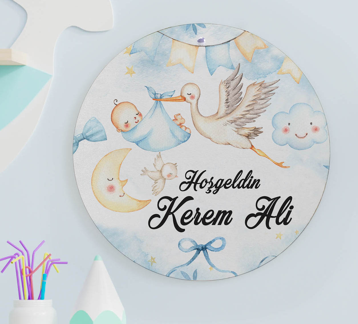 UV Baskılı Ahşap Kapı ve Duvar Süsü - Mavi Leylek