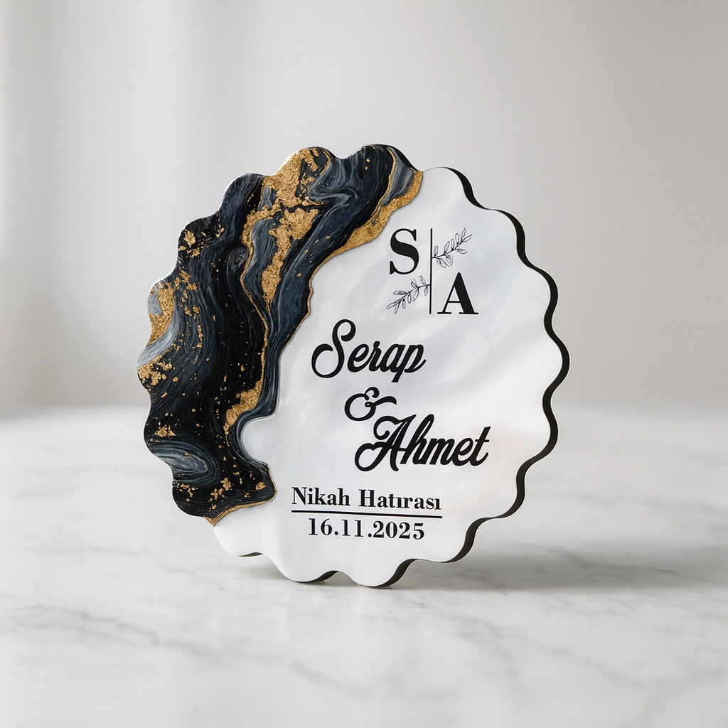 Epoksi-Mermer Görünümlü Ahşap Magnet - Siyah - Kişiye Özel Nikah & Düğün Hediyeliği